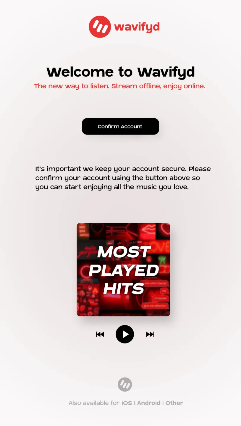 Wavifyd welcome and account confirmation email